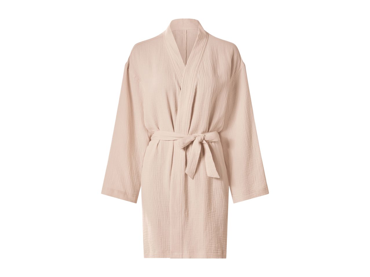 Light pink textured bathrobe with a tied waist.