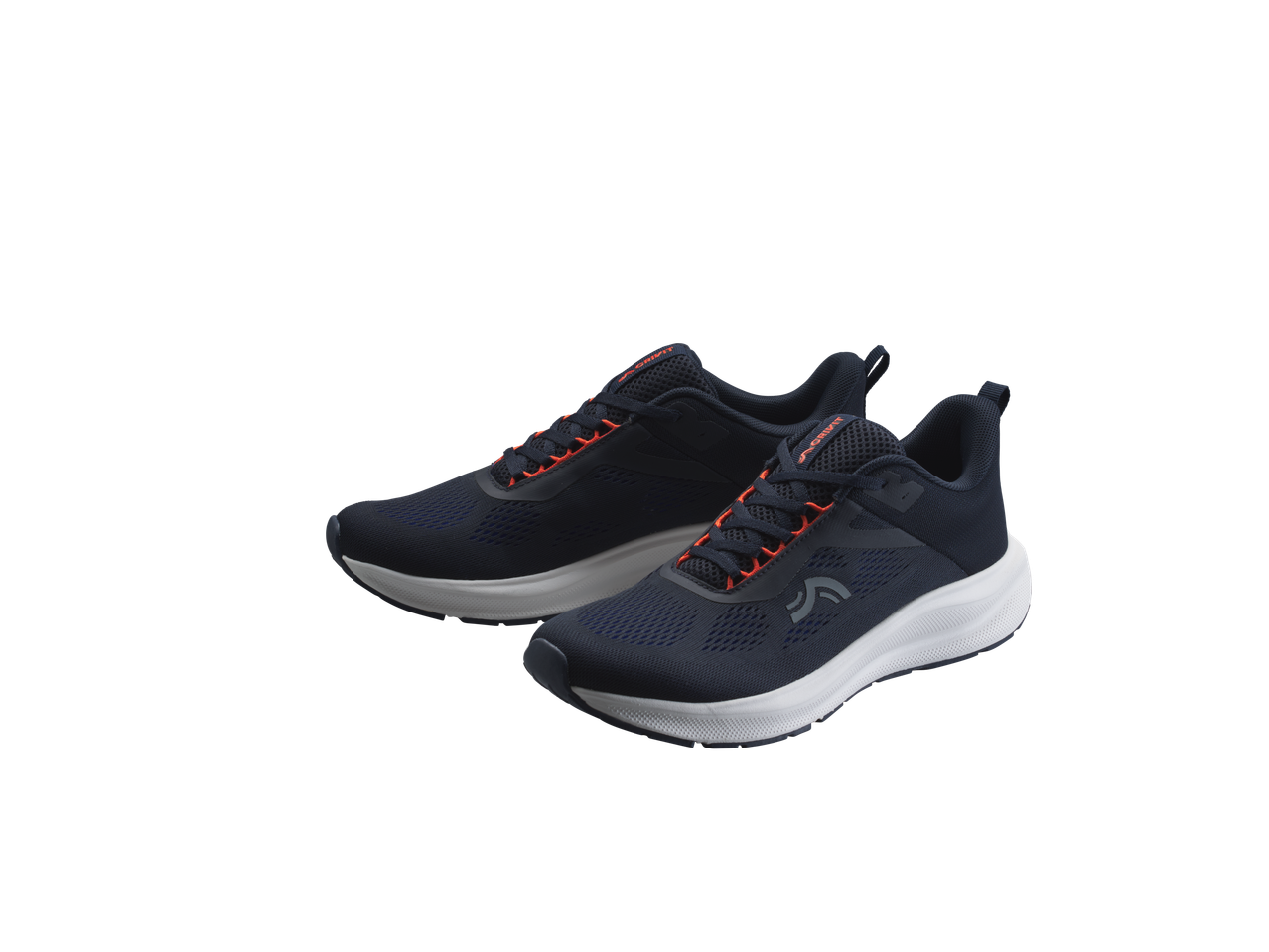 Pair of dark blue running shoes with orange laces and white soles