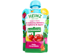 Heinz bright 'n' fruity strawberry, banana, raspberry & apple baby food pouch.
