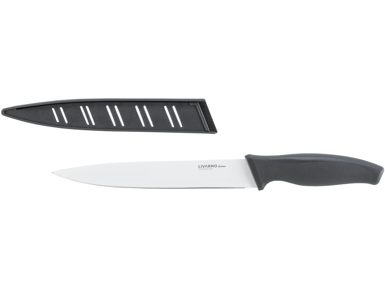 A Livarno Home stainless steel knife with a black handle and a black sheath.
