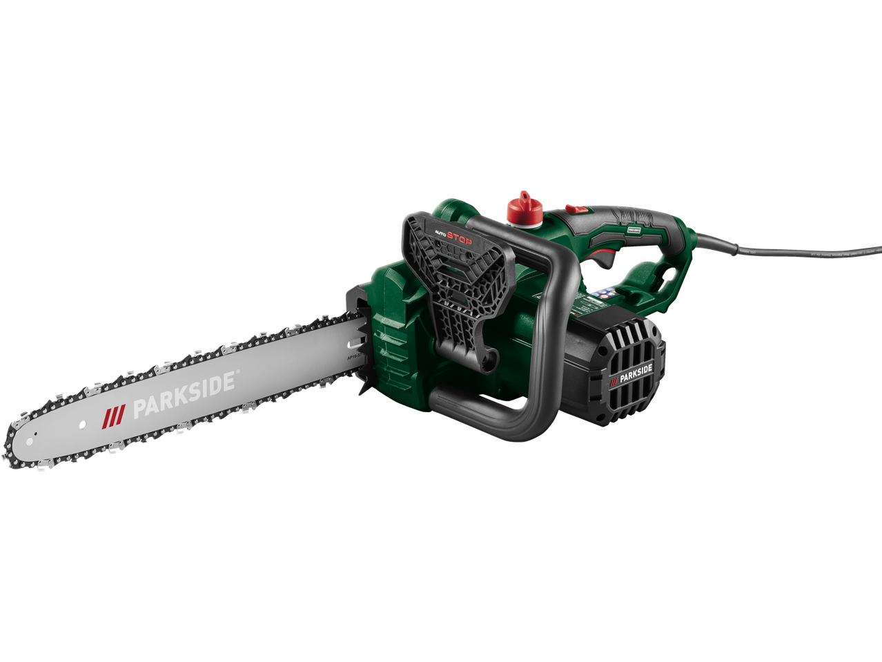 Elektriskais motorzāģis ar zaļu un melnu korpusu un sudrabainu asmeni.