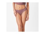 Woman wearing a mauve ribbed bralette and matching lace-trim briefs.