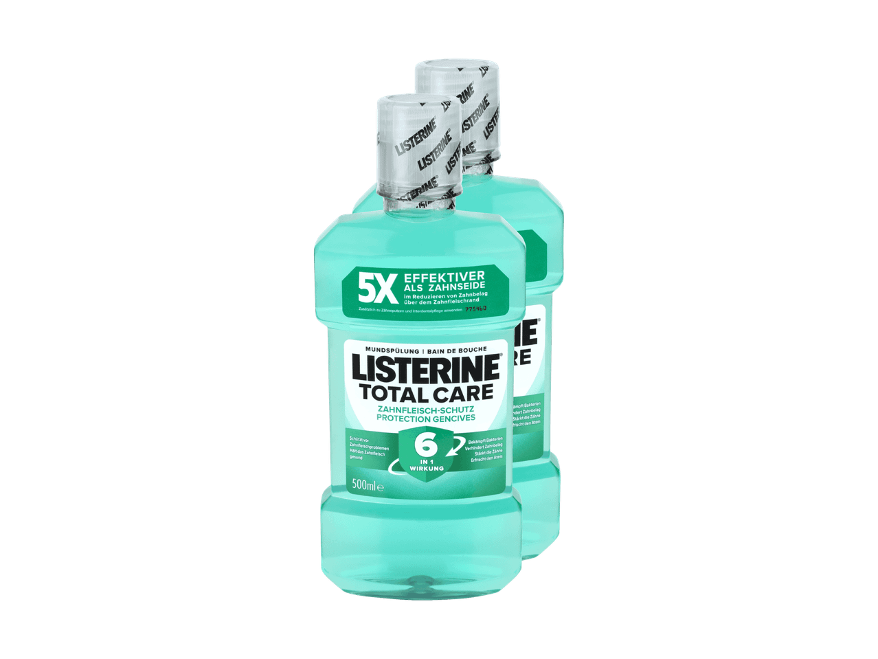 Zwei Flaschen Listerine Total Care, eine Mundspülung zum Zahnfleischschutz.