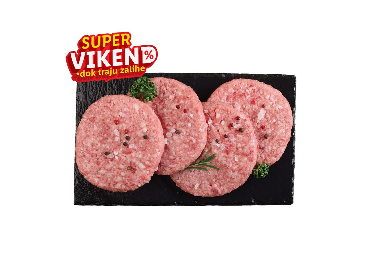 Sirove pljeskavice začinjene solju i biberom na crnoj podlozi, sa natpisom 'Super vikend % - dok traju zalihe'.