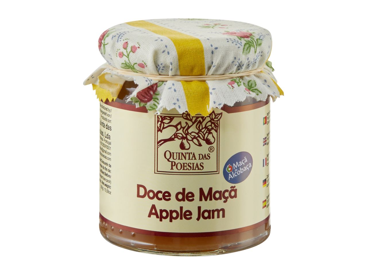 A jar of Quinta das Poesias Apple Jam with a decorative fabric lid.