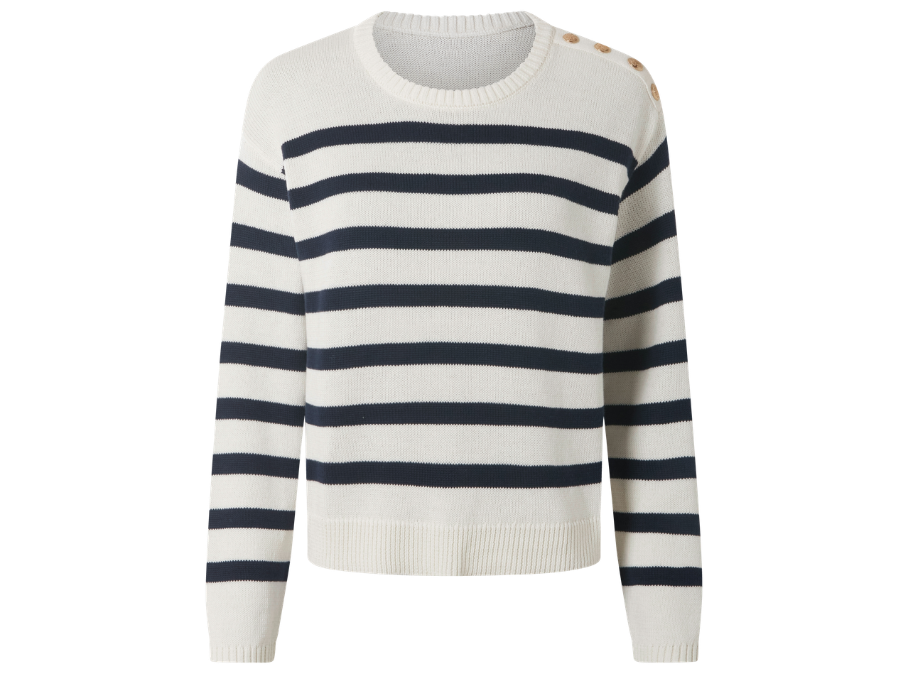 Раиран пуловер в бяло и тъмносиньо с копчета на рамото.