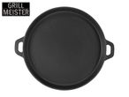 Round cast iron griddle pan with two handles, featuring a 'GRILL MEISTER' logo.