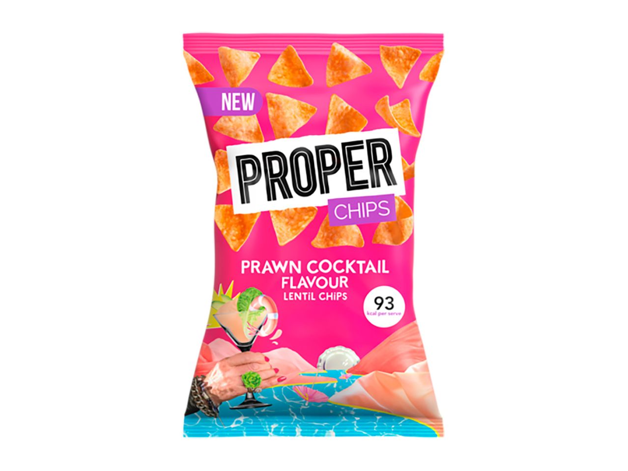 A pink bag of prawn cocktail flavour lentil chips.