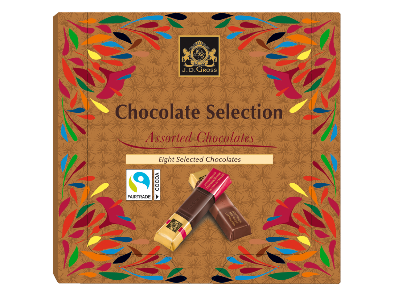 Boîte de sélection de chocolats J.D. Gross avec des chocolats assortis, y compris du cacao Fairtrade.