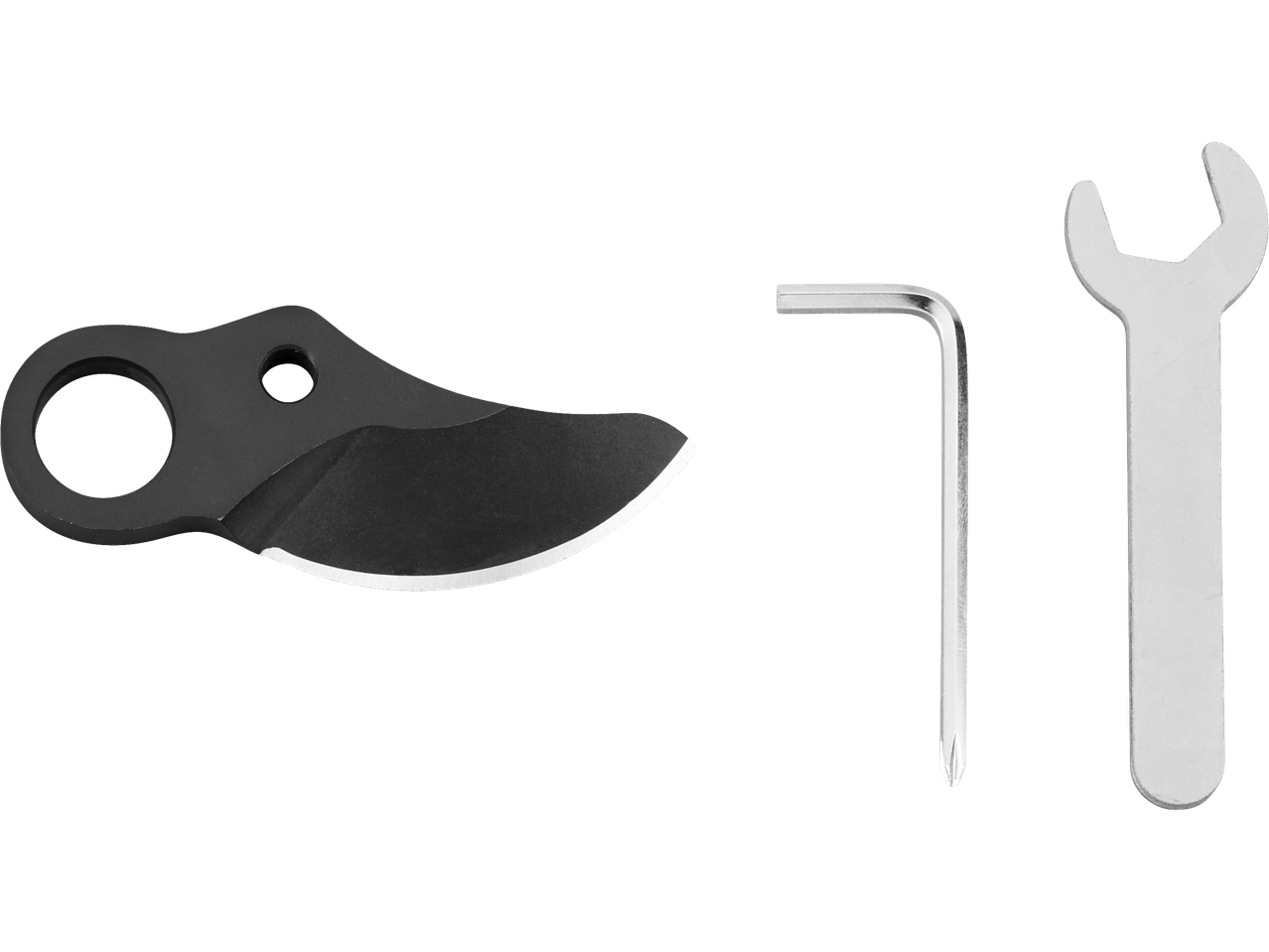 Asmens, sešstūra atslēga un uzgriežņu atslēga melnā un sudraba krāsā.