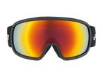 Black ski goggles with a red and yellow mirrored lens