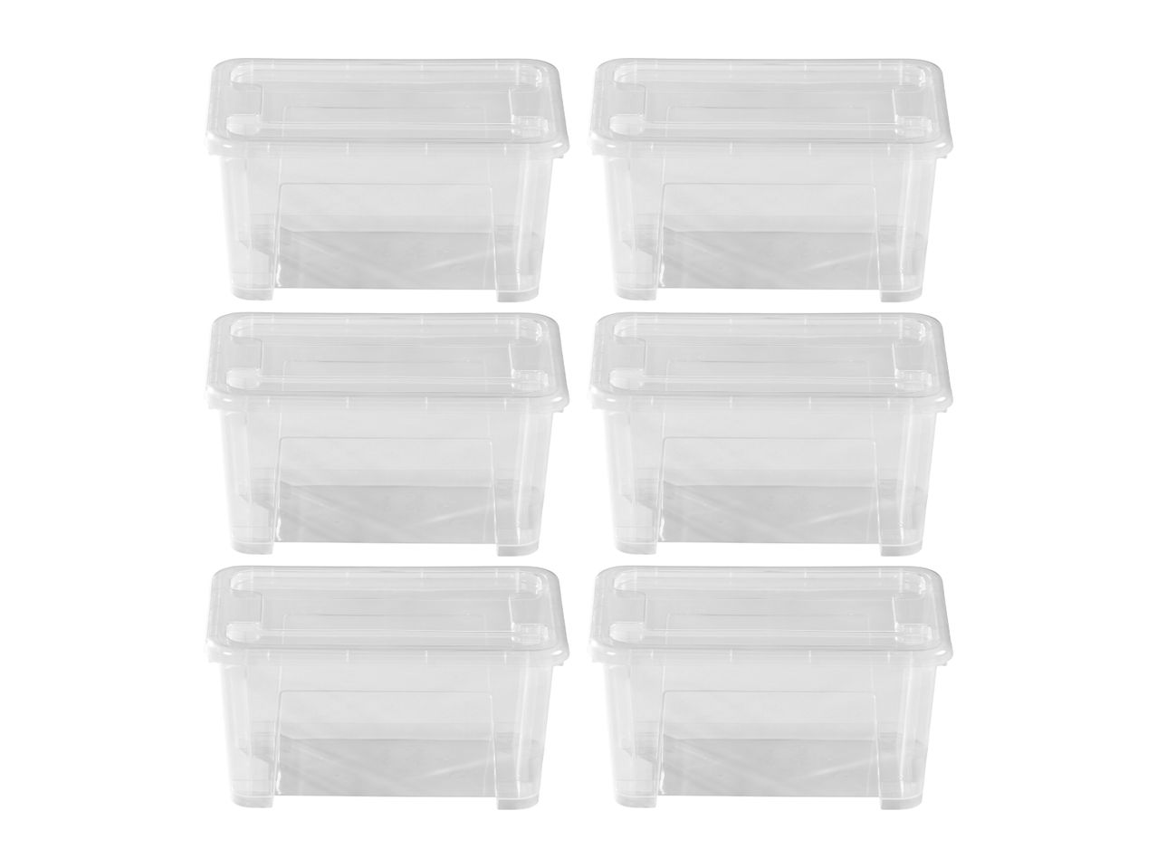 Six clear plastic storage boxes with lids, arranged in two columns of three.