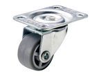A gray rubber caster wheel with a silver metal mounting plate.
