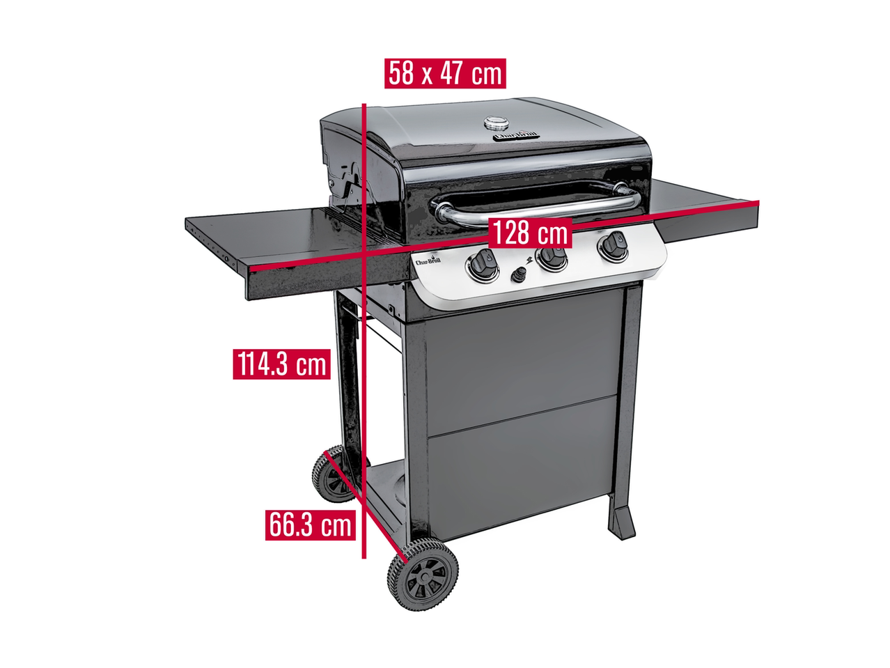 Grelhador a gás CHAR-BROIL com medidas 128 x 114,3 x 66,3 cm e superfície de cozedura 58 x 47 cm.
