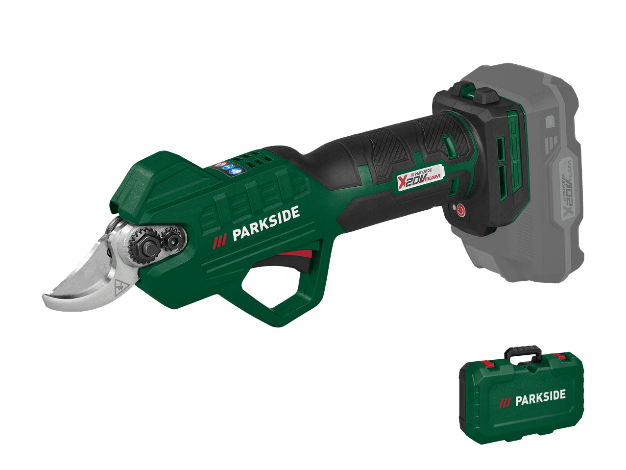 Parkside-akkuleikkuri ja kantolaukku.