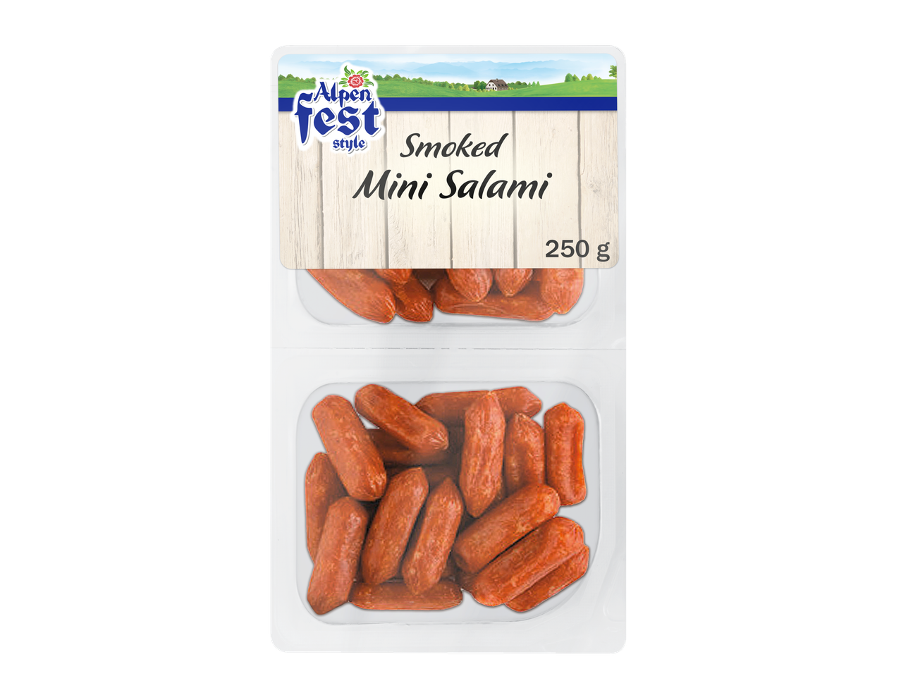 Two packs of smoked mini salami, 250g each, with an Alpine landscape on the label.