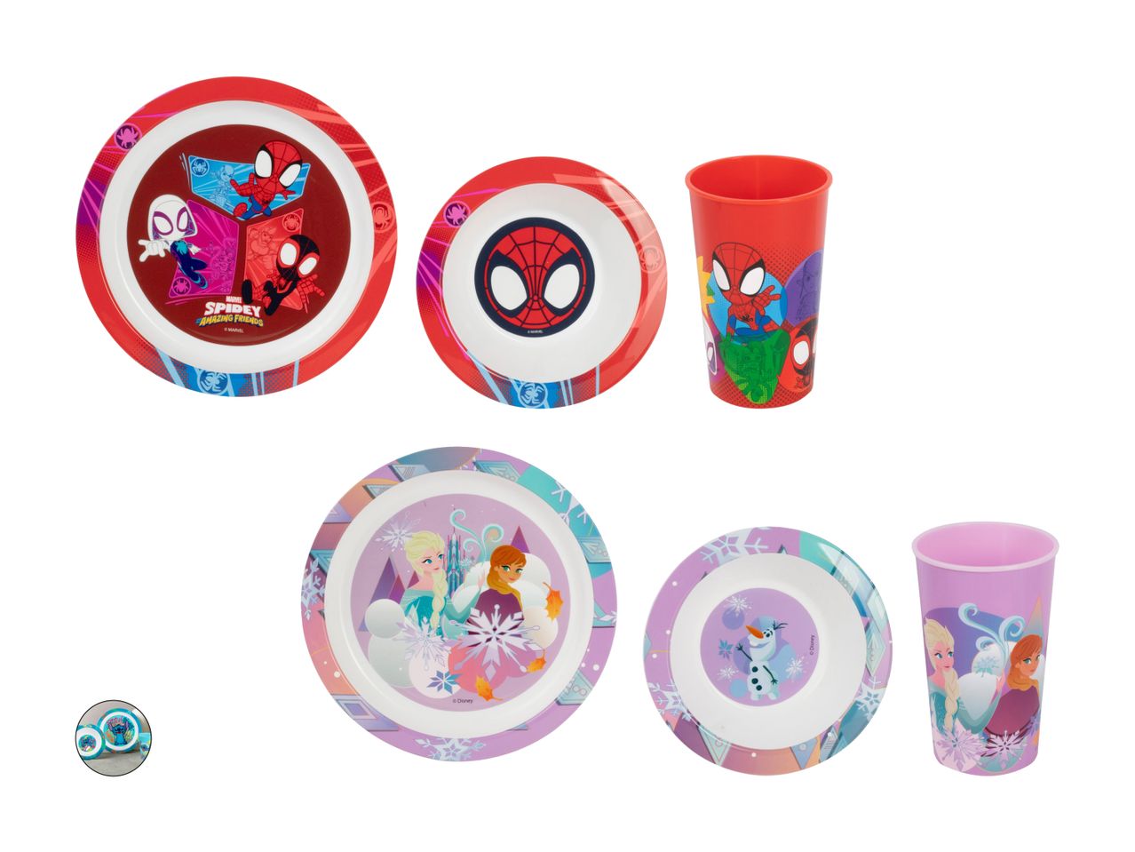 Zwei Kindergeschirrsets mit Marvel und My Little Pony Motiven.
