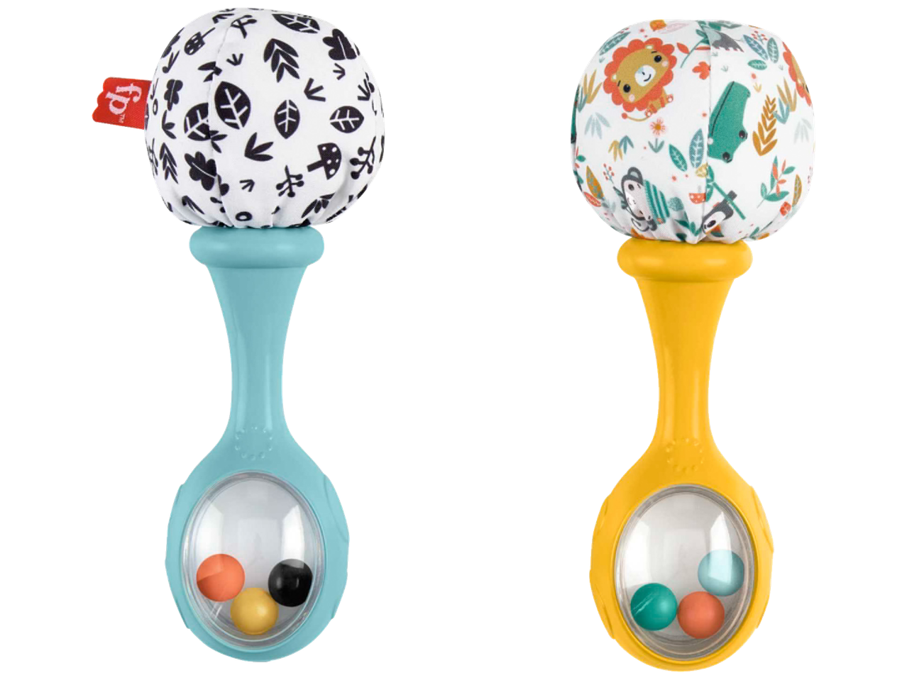 Two Fisher-Price baby rattles with fabric tops and colorful beads inside.
