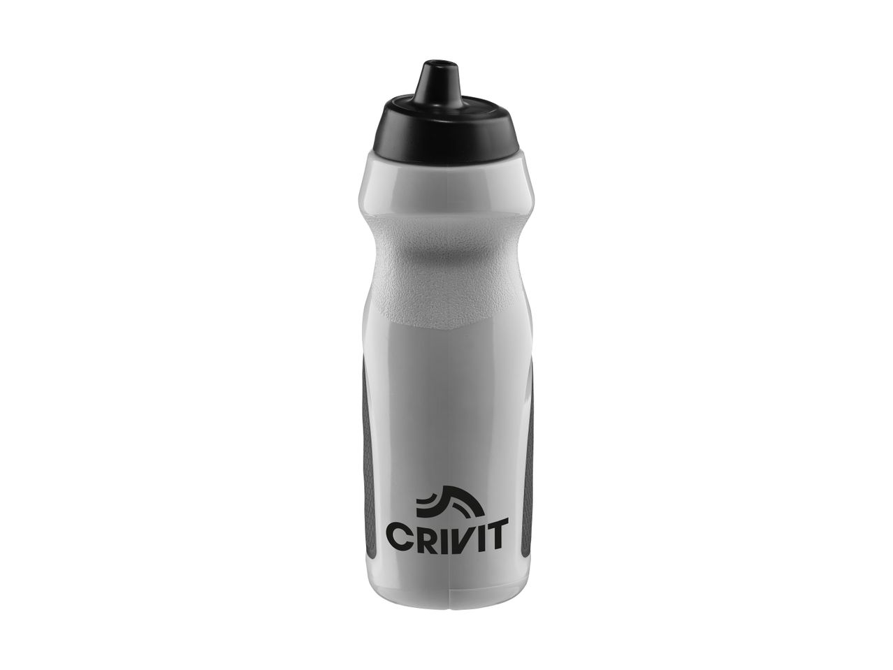 White and black sports water bottle with a textured grip and a black logo.
