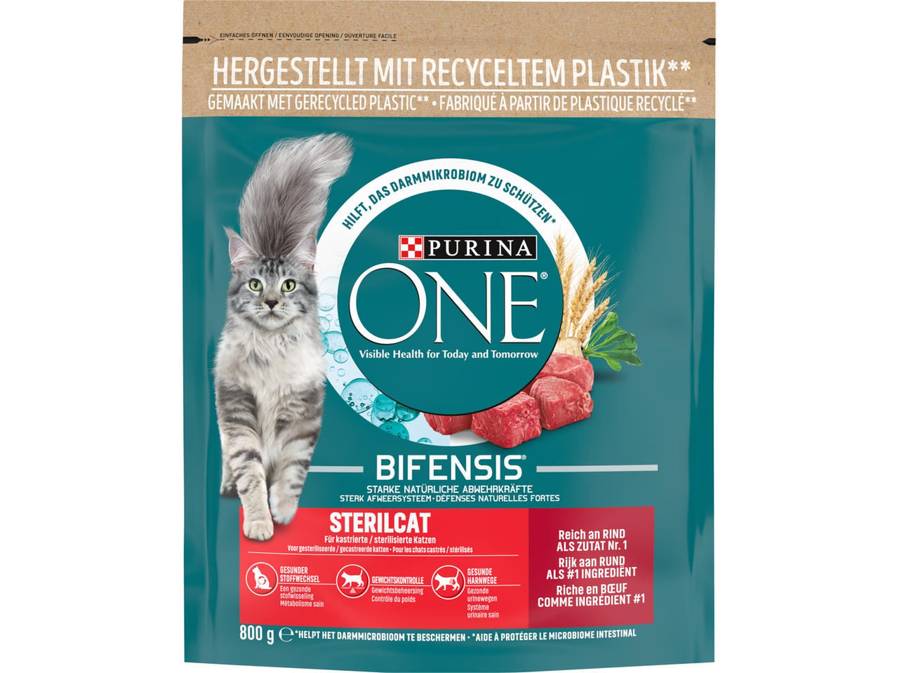 Nourriture pour chat Purina One Sterilcat au bœuf, favorisant la santé intestinale et le contrôle du poids.