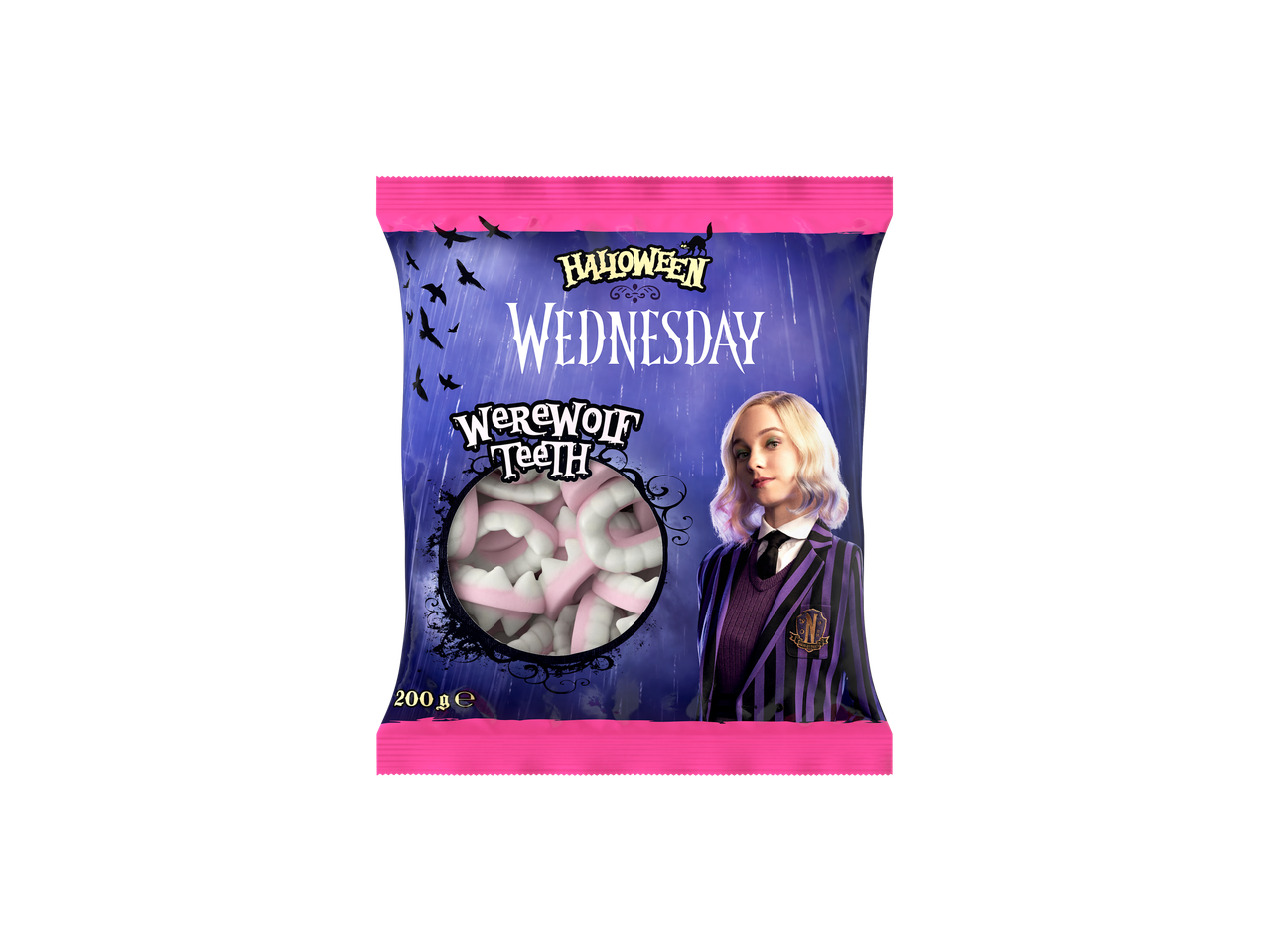 Embalagem de doces 'Dentes de Lobisomem' da série Wednesday, com a personagem Enid Sinclair.