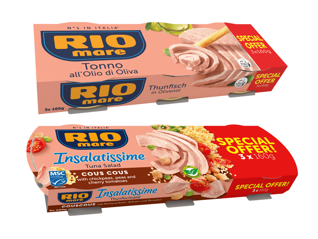 Zwei Packungen Thunfischprodukte: Thunfisch in Olivenöl und Thunfischsalat mit Couscous, Kichererbsen, Erbsen und Kirschtomaten.