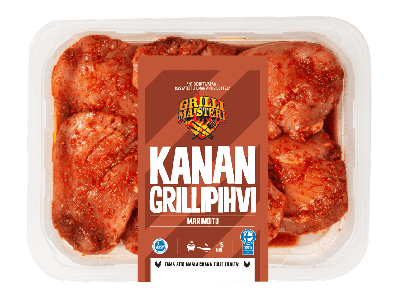 Maustettuja kanan grillipihvejä pakkauksessa, tekstillä 'Antibioottivapaa' ja 'Valmistettu Suomessa'.