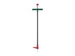 Weed puller with a long handle, green grip, and red foot pedal.