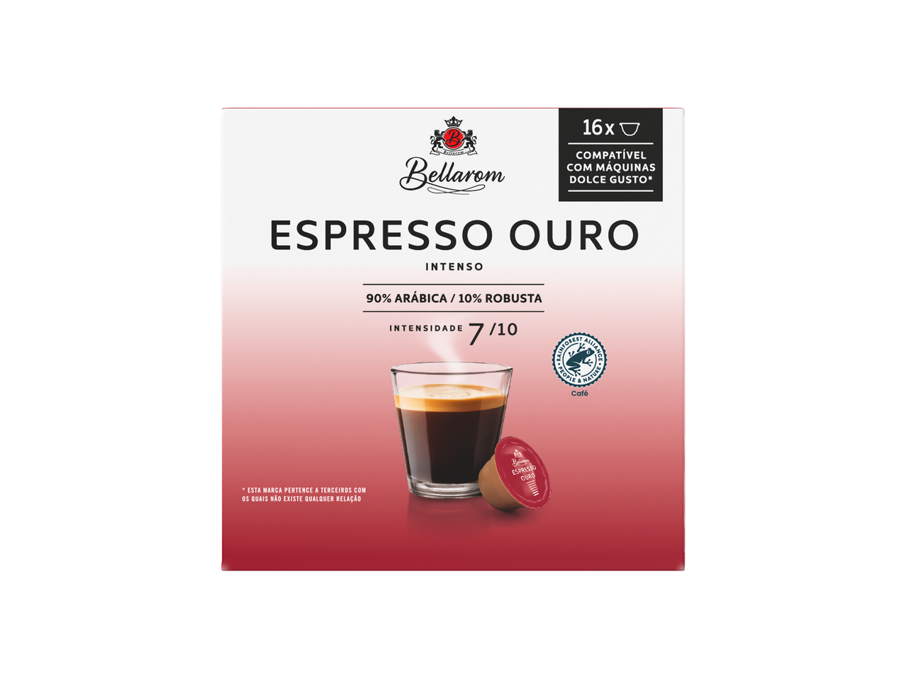 Café Bellarom Espresso Ouro, 90% Arábica / 10% Robusta, intensidade 7/10, compatível com máquinas Dolce Gusto.