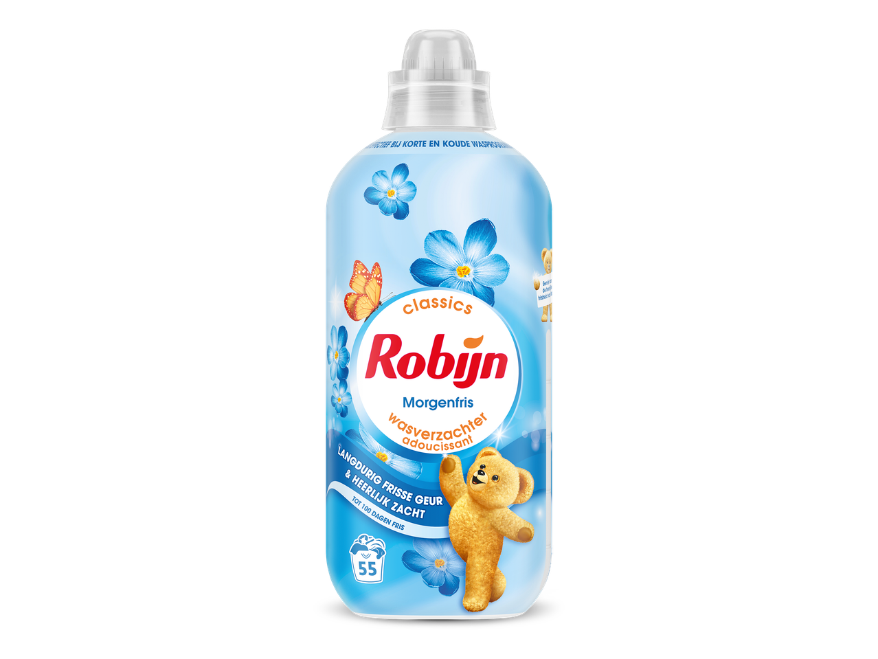 Fles wasverzachter met bloemen en een teddybeer, met de tekst 'Morgenfris' en 'Langdurig frisse geur & heerlijk zacht'.