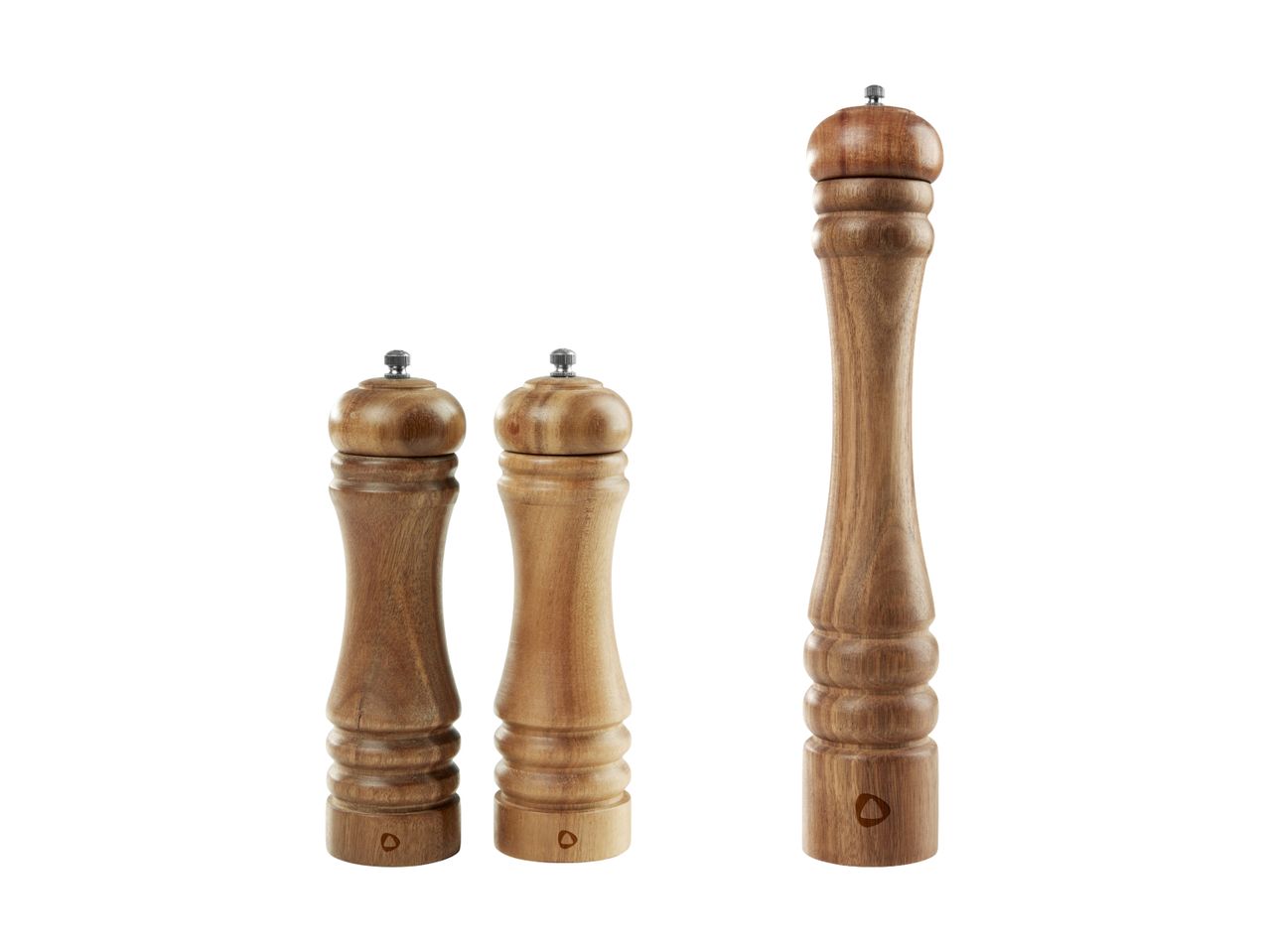 Ensemble de trois moulins à poivre et à sel en bois, design classique.