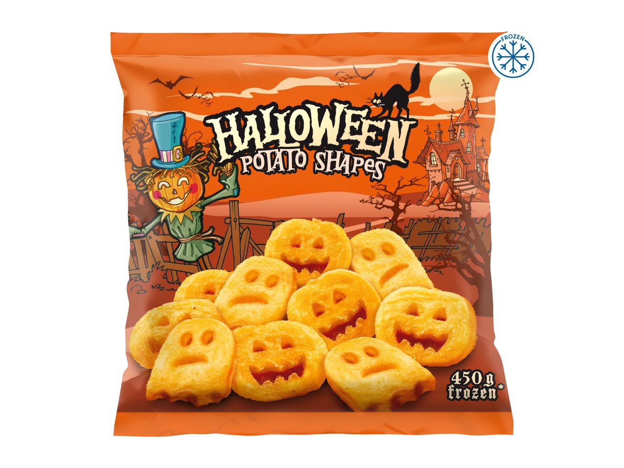 Halloween Potato Shapes packaging featuring a scarecrow, haunted house, and potato shapes.