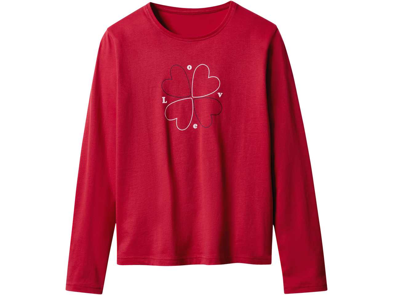 Sarkana bērnu pidžama ar garām piedurknēm un āboliņa un uzraksta „LOVE” apdruku