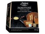Deluxe Panettone su kakava ir baltojo šokolado kremu, padengtas juoduoju šokoladu.