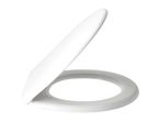 A white toilet seat and lid, partially open, on a white background.