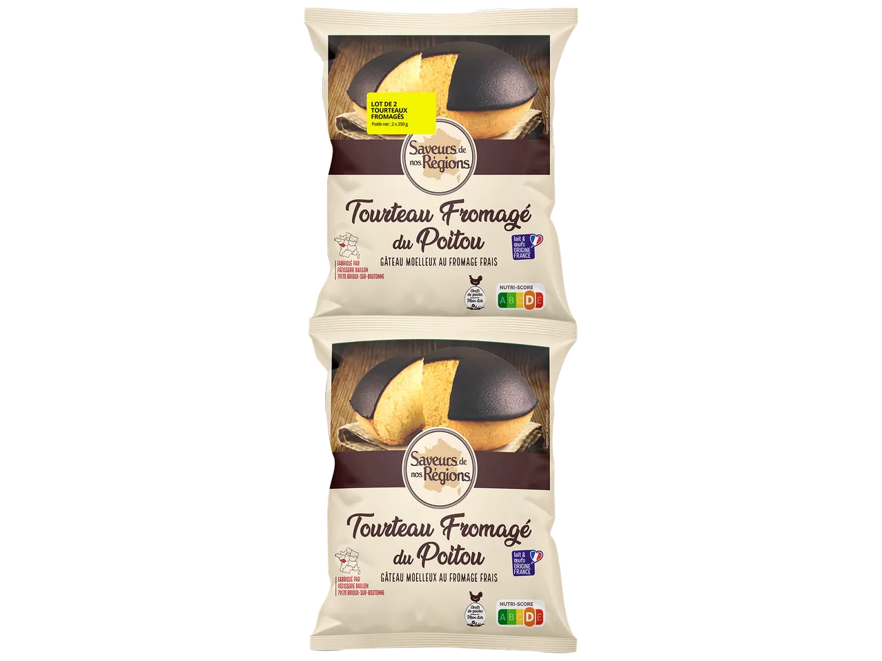 Deux paquets de gâteaux moelleux au fromage frais, avec la mention 'Lot de 2 Tourteaux Fromagés' et Nutri-Score B.
