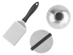 Stainless steel spatula, lid, and pizza cutter.