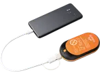 CRIVIT Rechargeable Hand Warmer charging a smartphone, showing product details.