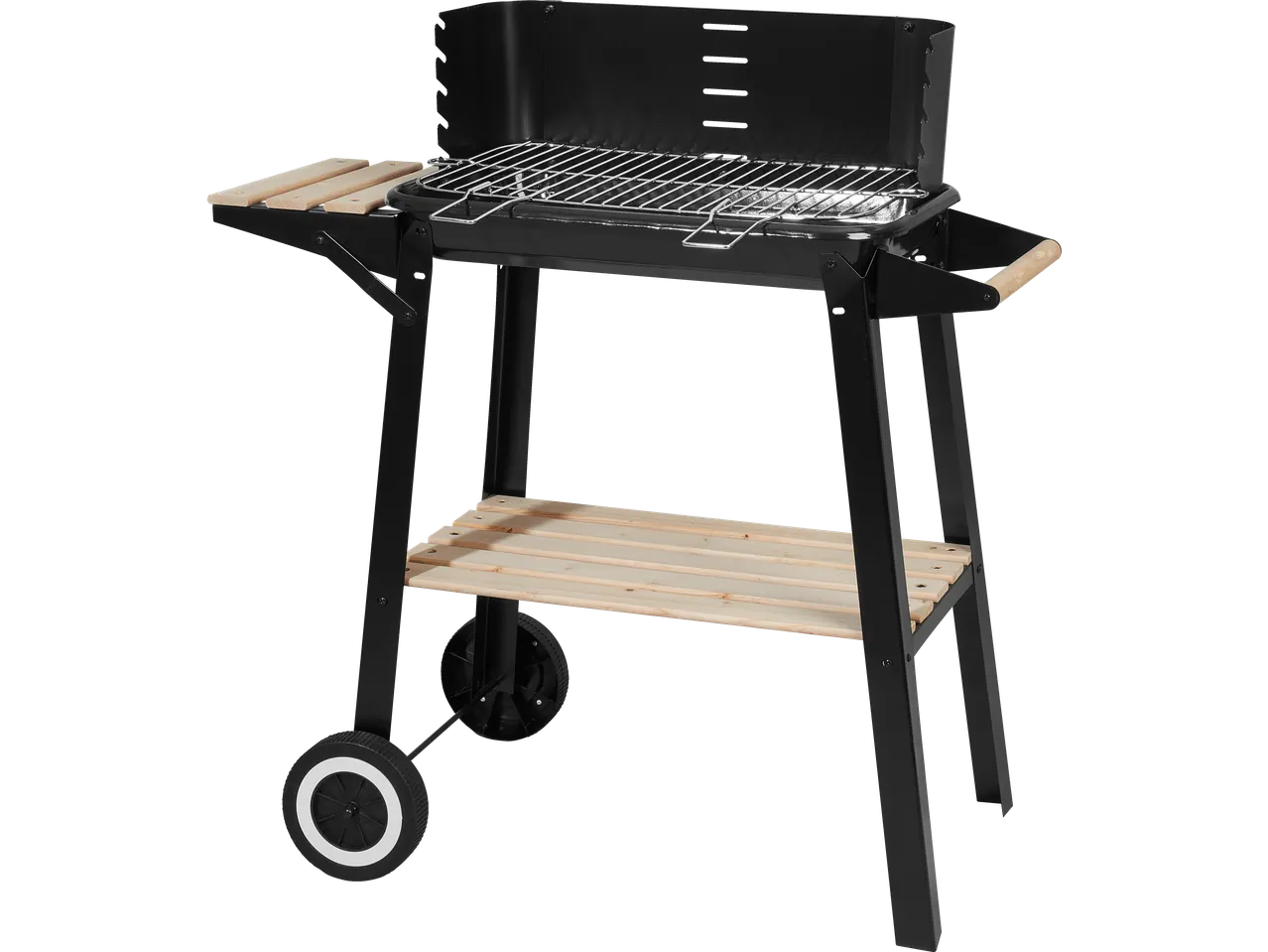 Fekete faszenes grill kerekeken, fa polcokkal és fogantyúval.