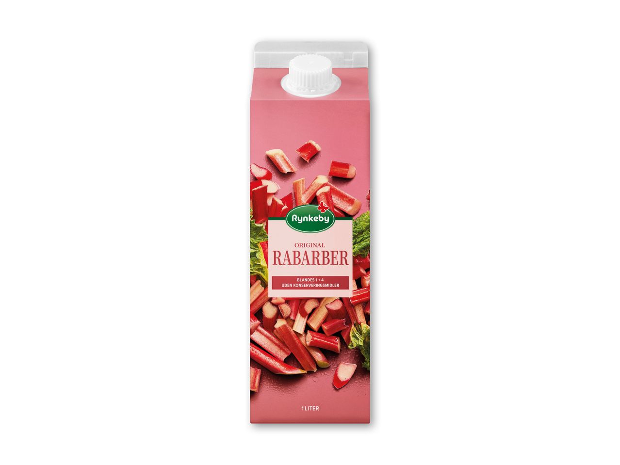 Rabarbersaftkoncentrat i en lyserød karton med billeder af rabarberstængler og blade, 1 liter.