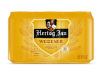 Een geel 6-pack weizenbier in blikjes van 33 cl.