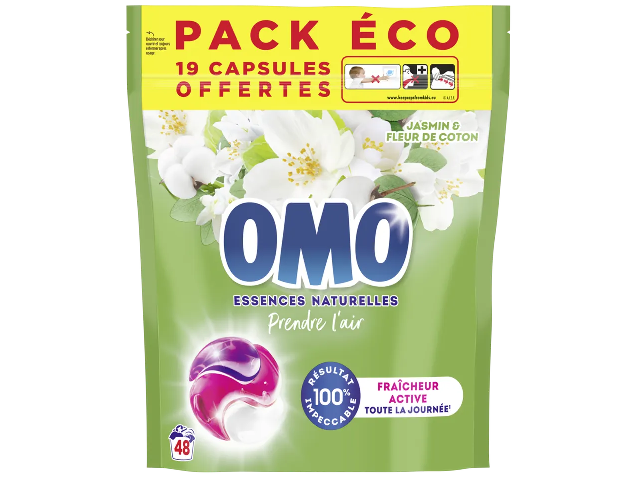 Sachet de lessive en capsules parfumées au jasmin et fleur de coton, avec 19 capsules offertes.