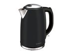 A black electric kettle with a stainless steel base and handle.