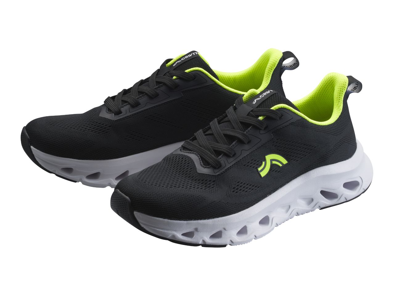 Pair of black and neon yellow athletic shoes with white soles.
