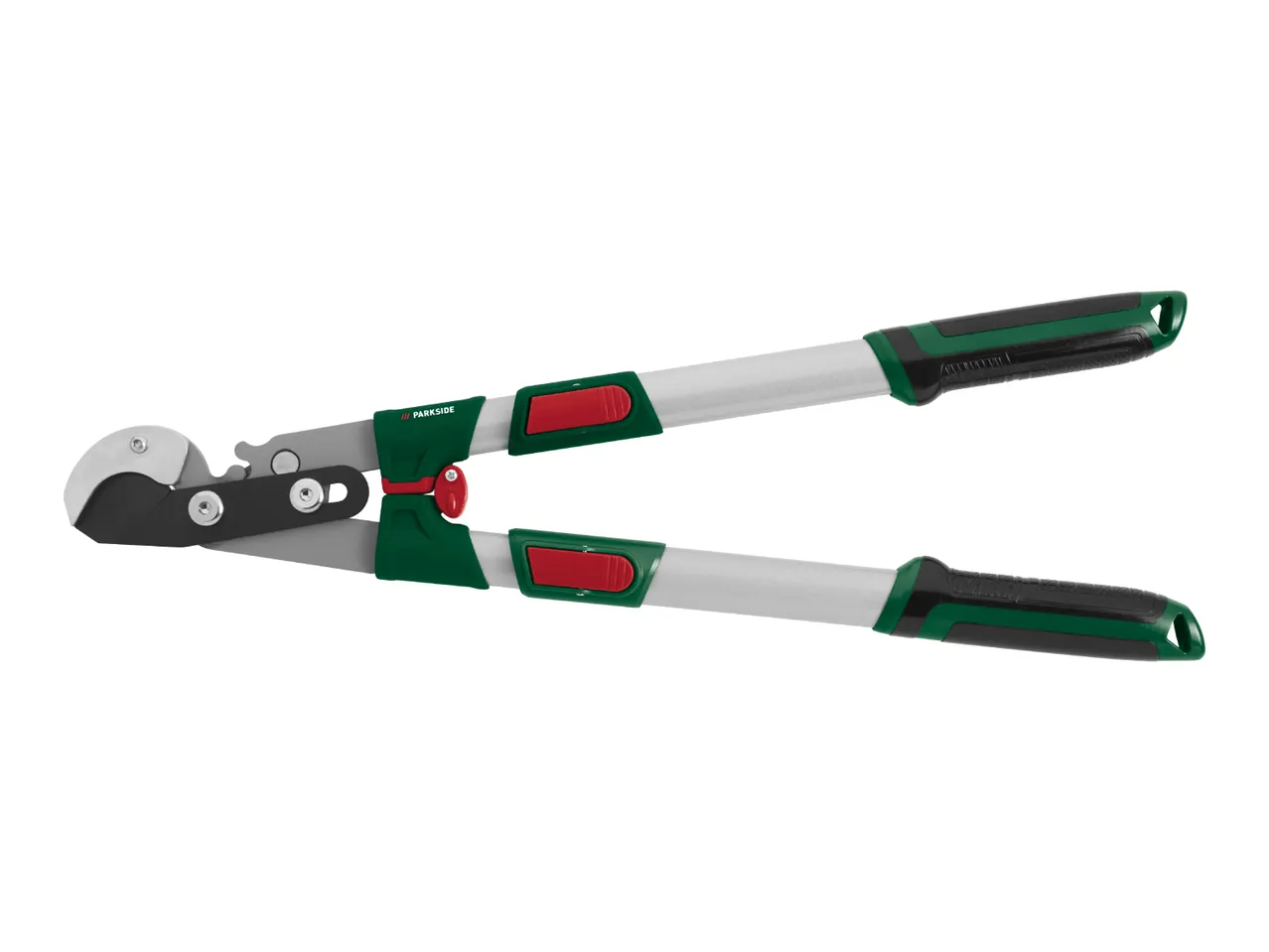 A pair of green and black loppers with silver handles.