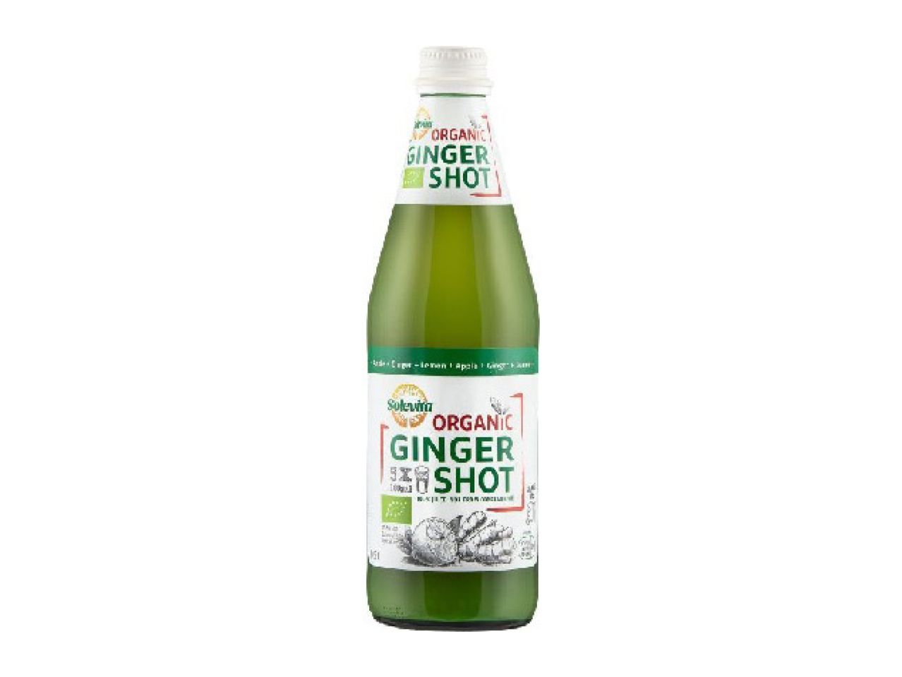 Organic ginger shot in a glass bottle with a white label and green text.