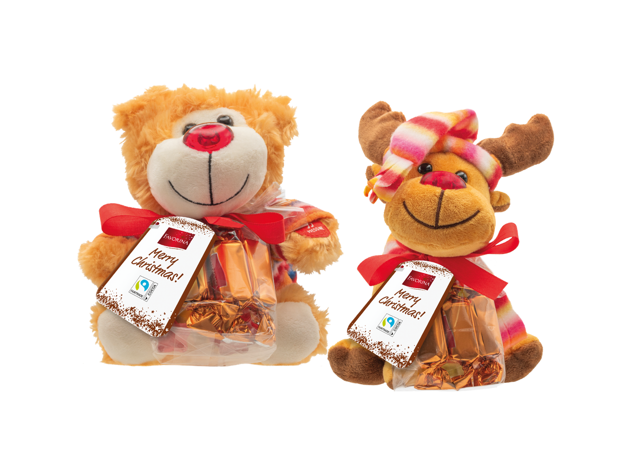 Dva plišana božićna lika, medvjedić i sob, s Favorina slatkišima i natpisom 'Merry Christmas!'.