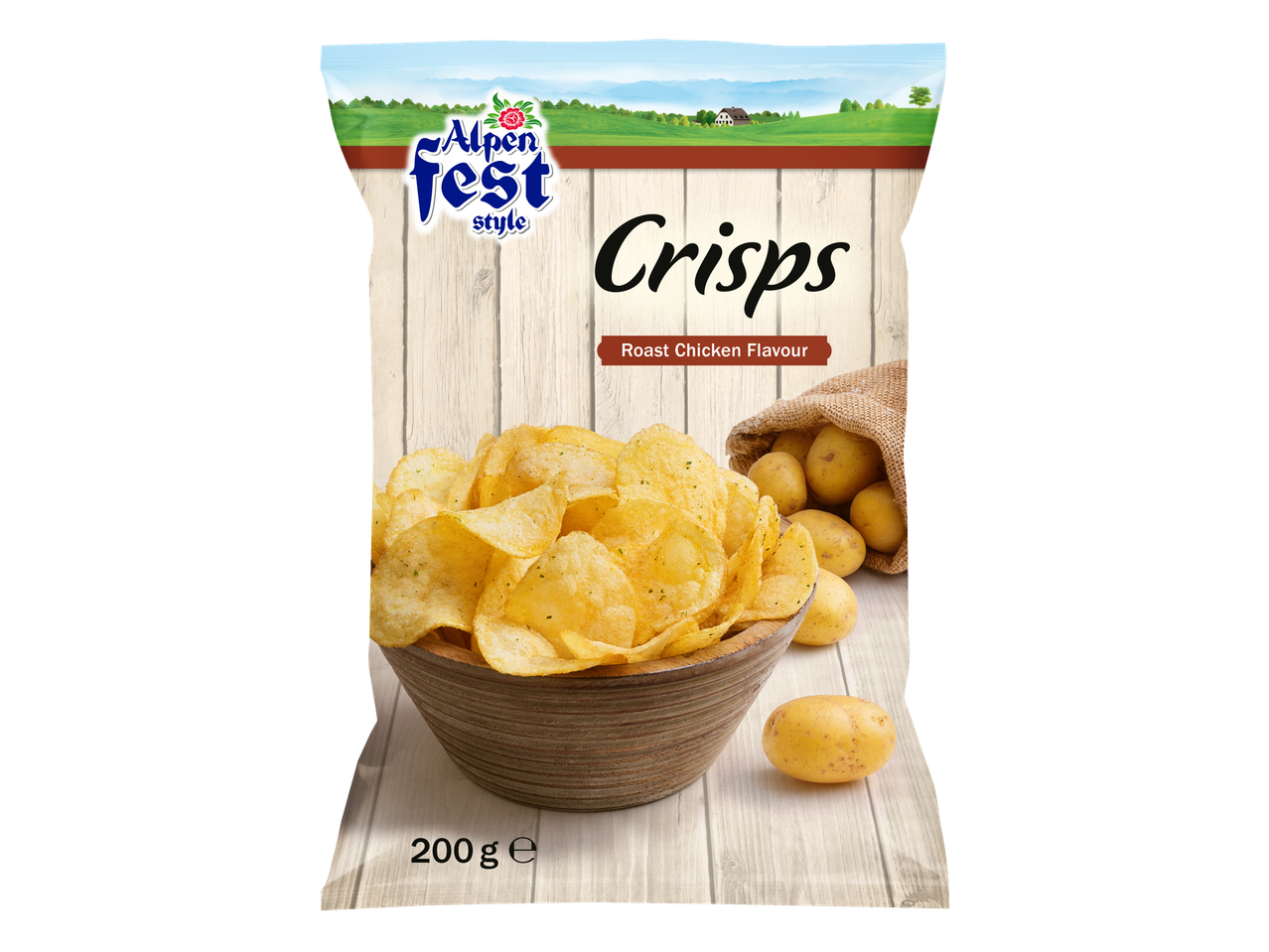 Alpen Fest Style röstitud kana maitsega krõpsud pakis.