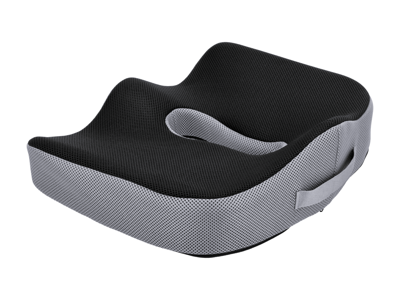 Coussin de siège ergonomique noir et gris en maille respirante avec poignée de transport.