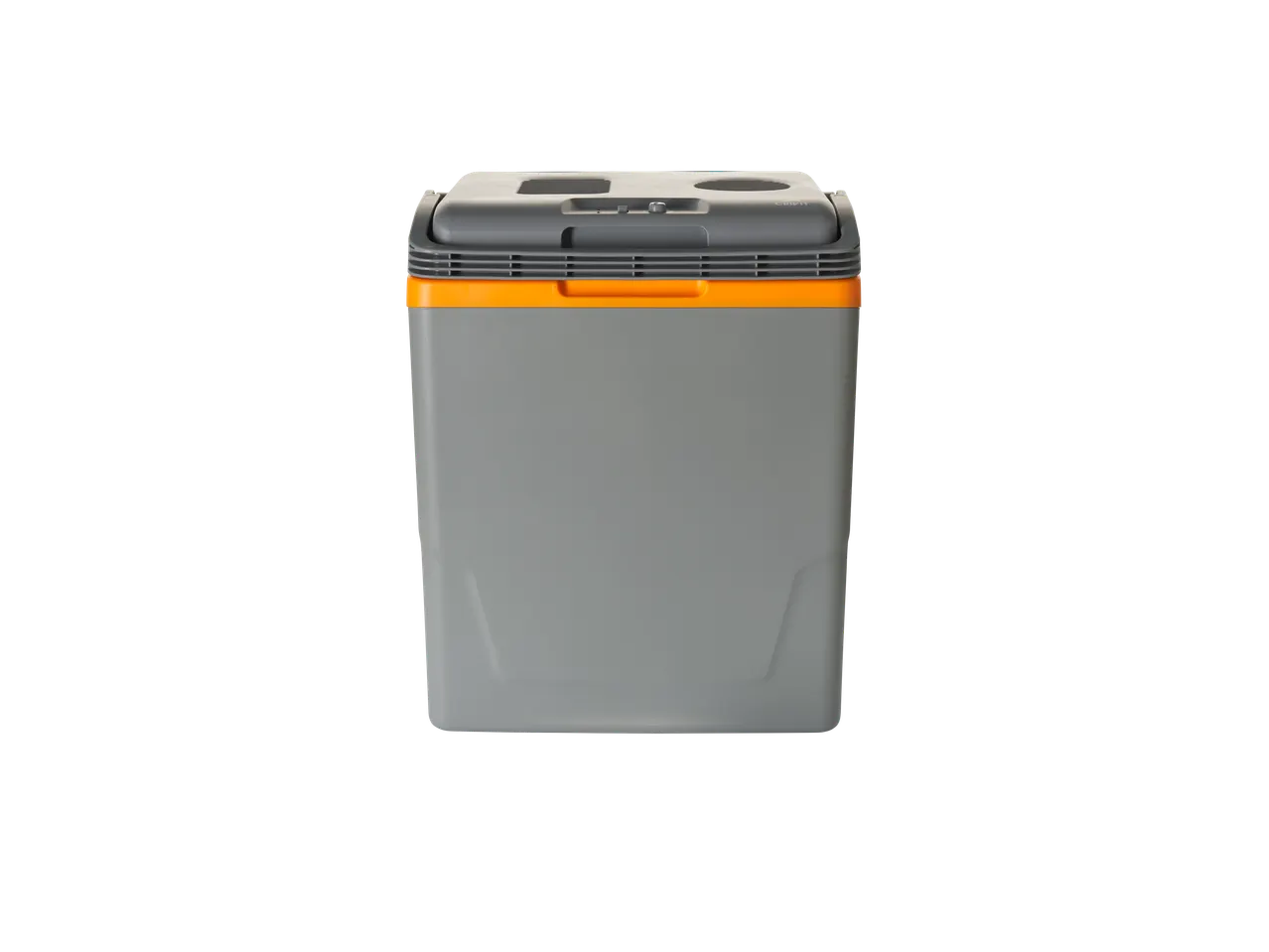 Grey and orange electric cool box with a control panel on the lid